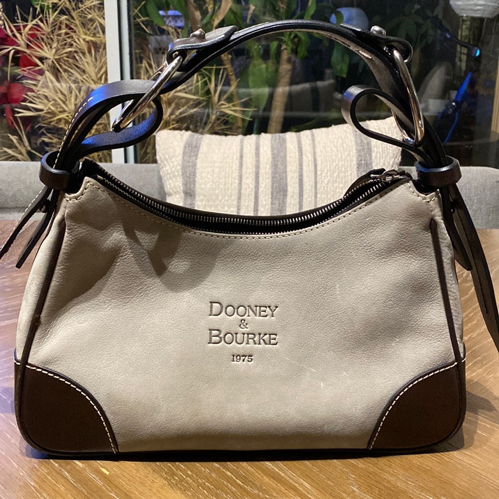 Dooney & Bourke Hobo Bag Gray Suede with Brown Leather